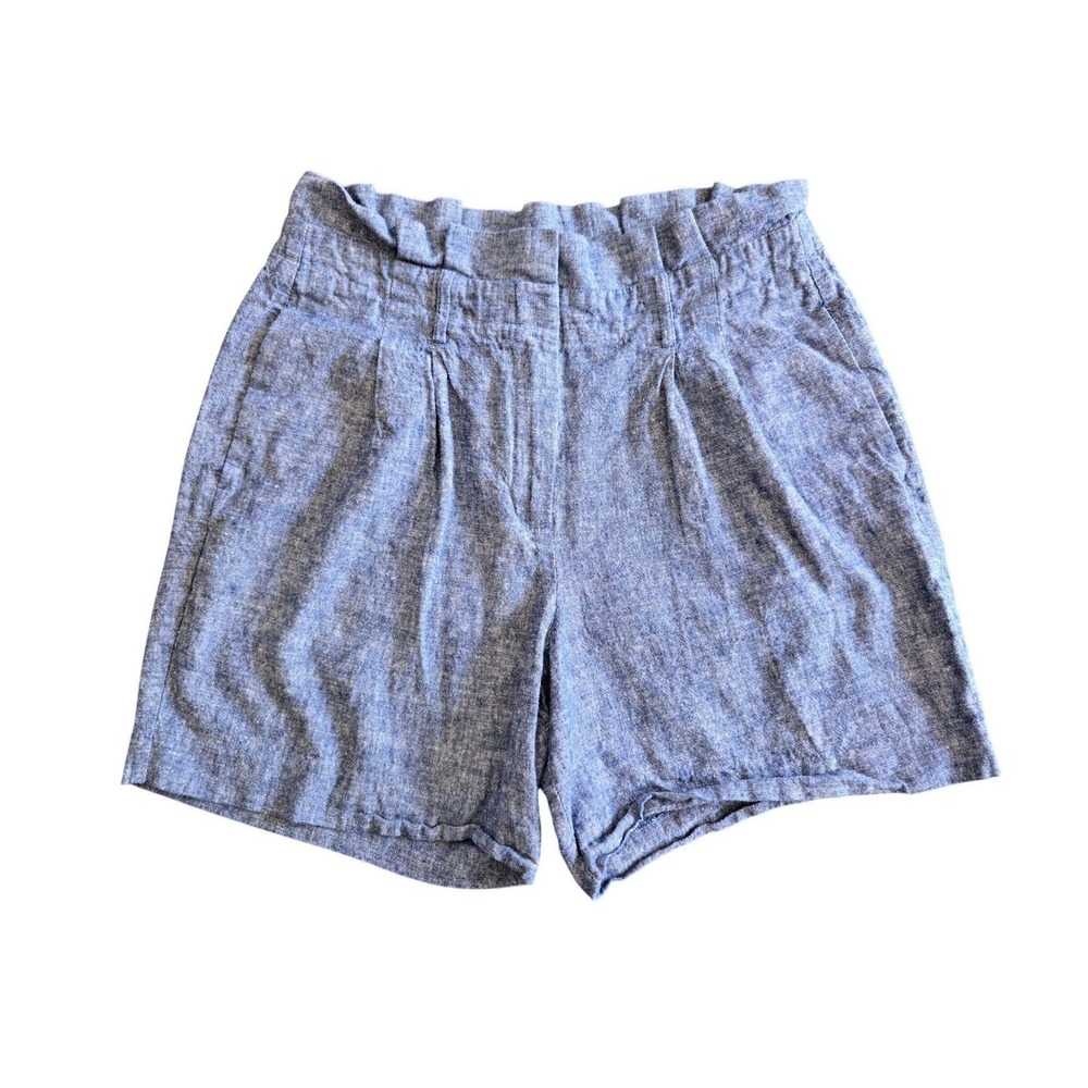 Boden Linen Cotton Paperbag Waist Shorts High Rise Pleated Chambray US 8 Preppy